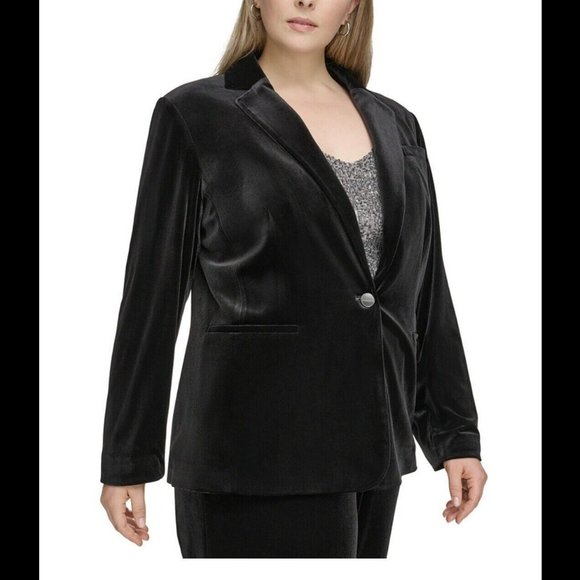 Calvin Klein Velvet Blazer Jacket Women's Plus Sz 22W Black One-Button Lined - Picture 1 of 15